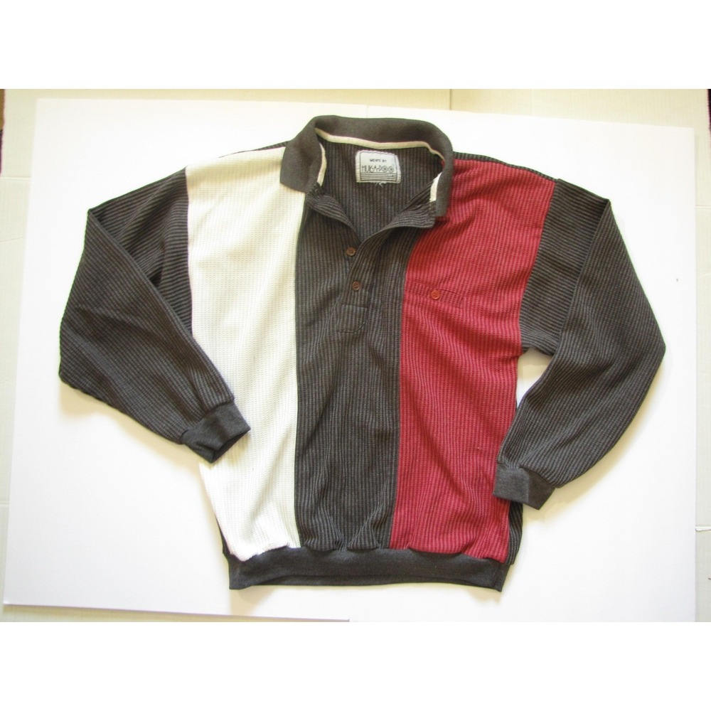 Vintage Huk-A-Poo Sweater Mens Gray Red White Colorblock Knit Pullover‎ Polo 90s